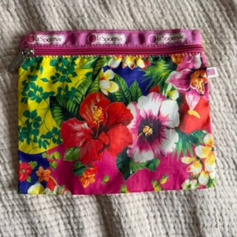 Vintage LeSportsac Tropical Floral Zip Pouch Pink Hibiscus USA Made Ripstop